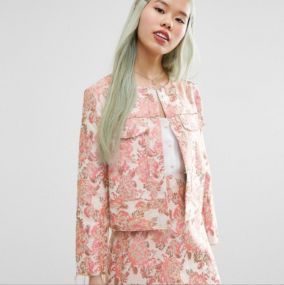 NWT | ASOS Floral Jacquard Cropped Blazer with Raw Edge Details | UK 12/US 8